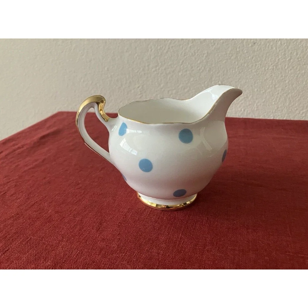 Vintage 1960s Royal Vale Bone China Blue & White Polka Dot Creamer Gold Trim